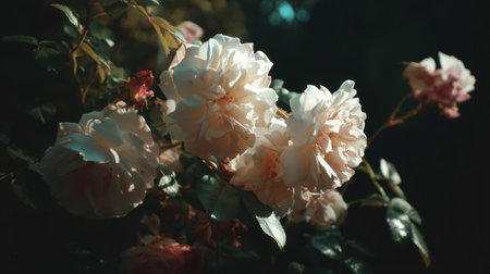 Experience the serene beauty of delicate pink roses softly illuminated against a dark background, showcasing their graceful petals and lush green leaves in perfect harmony.の素材