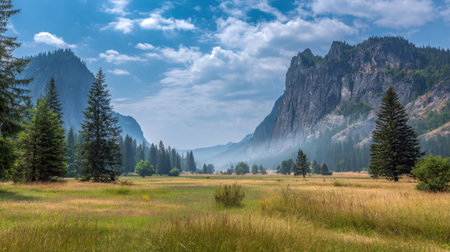 A breathtaking view of a serene mountain landscape featuring lush greenery, dramatic skies, and peaceful valleys, perfect for nature lovers and outdoor activities.の素材