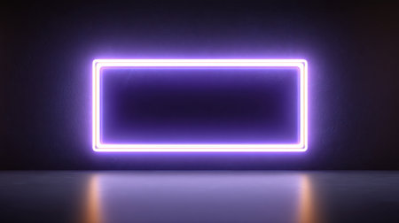 A glowing purple neon rectangular frame shines against a dark wall, creating a modern and stylish backdrop for creative projects or promotional materials.の素材
