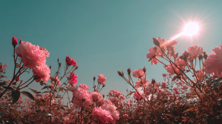 A captivating scene of pink roses blooming under a bright blue sky. The sunlight filters through the flowers, enhancing the beauty of this serene and tranquil garden setting.の素材