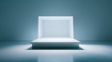 A serene minimalist space showcases a simple empty stage illuminated by gentle lighting against a soft blue background, ideal for artistic presentations or creative displays.の素材