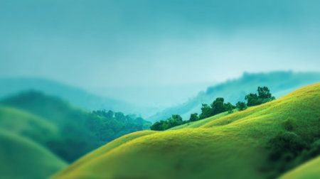 Experience the tranquility of this stunning landscape featuring rolling green hills under a misty blue sky, perfect for relaxation, reflection, and nature appreciation.の素材