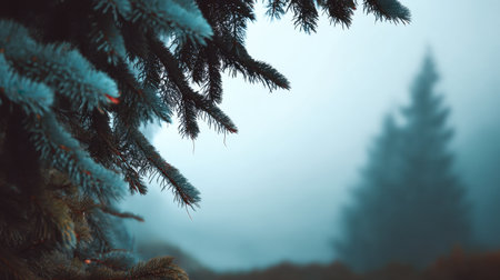 A captivating misty forest scene showcasing evergreen trees draped in fog, creating a serene atmosphere perfect for nature lovers and outdoor enthusiasts seeking tranquility.の素材