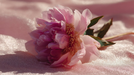 A soft pink peony flower rests elegantly on a shimmering pastel background, showcasing its delicate petals and intricate beauty, perfect for various design projects.の素材