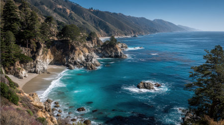 Stunning coastal scene showcasing rugged cliffs and vibrant turquoise waters. Perfect for travel themes, nature appreciation, and serene getaway visuals.の素材