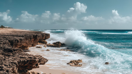 Immerse yourself in this breathtaking coastal scene showcasing dramatic cliffs, gentle waves, and a tranquil beach, perfect for relaxation and exploration.の素材