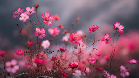 A captivating scene of vibrant pink wildflowers gently swaying in a soft focus background. This image evokes tranquility, beauty, and the essence of springtime in nature.の素材
