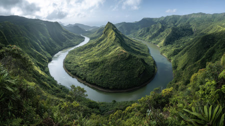 Explore a breathtaking mountain landscape featuring a serene river flowing through lush greenery. This scenic view captures the beauty of nature and tranquility.の素材