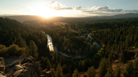 A stunning view of a sunset casting golden hues over a winding river, surrounded by lush forests and towering mountains, creating a serene outdoor getaway.の素材