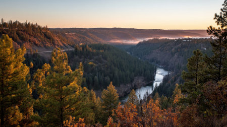 A breathtaking view of a winding river surrounded by lush forests at dawn. Mist hovers over the valley, creating a tranquil atmosphere perfect for nature lovers.の素材