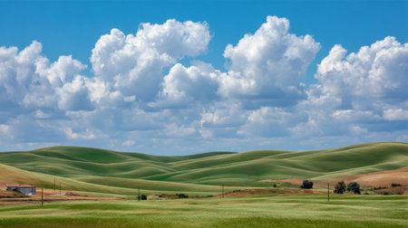 A breathtaking view of rolling green hills beneath a bright blue sky filled with fluffy white clouds, showcasing the beauty of rural landscapes and nature's wonders.の素材