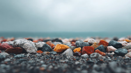 A close-up view of colorful rocks and pebbles on a beach shoreline under a cloudy sky, showcasing the beautiful textures and vibrant colors of nature.の素材