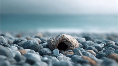 A close-up view of smooth pebbles scattered on a beach, highlighting their natural texture and tranquil aesthetic against a calm coastal backdrop.の素材