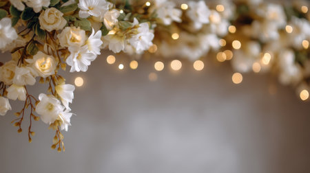 This photo showcases an elegant floral arrangement with white flowers softly illuminated by warm lights, perfect for capturing the essence of romance and beauty.の素材