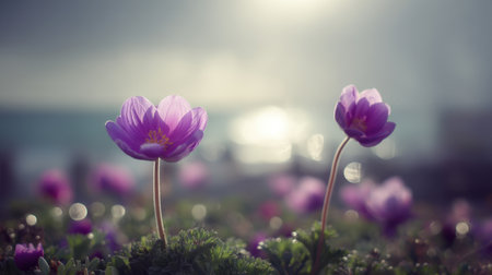 Captivating close-up of two vibrant purple flowers flourishing under gentle morning light, surrounded by a natural backdrop and sparkling water reflections.の素材