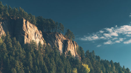 Explore the breathtaking beauty of a towering cliff enveloped by vibrant green trees, all under a vast blue sky dotted with soft, fluffy clouds. Perfect for nature lovers.の素材