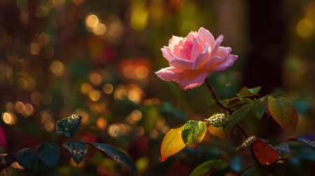 A stunning pink rose stands out in a garden, adorned with morning dew and illuminated by soft sunlight, showcasing the beauty and serenity of nature.の素材