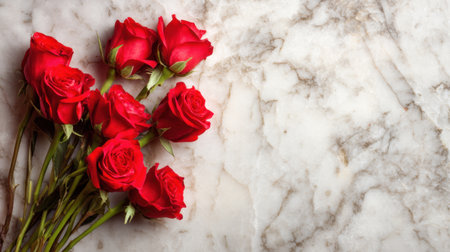 A stunning bouquet of fresh red roses beautifully arranged on a marble table surface. This elegant display enhances any setting, symbolizing love and celebration.の素材