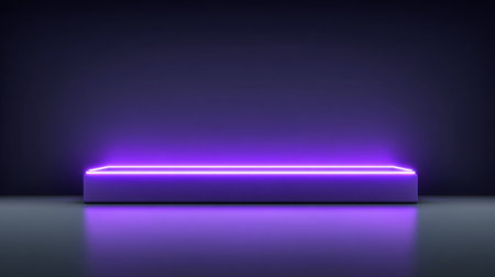 A sleek platform glows with a vibrant purple neon light against a dark background. Ideal for modern displays, showcases, or creative presentations in various settings.の素材