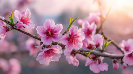 Beautiful close-up of pink cherry blossom flowers blooming on a branch. Soft light highlights the delicate petals, creating a serene and tranquil atmosphere in nature.の素材