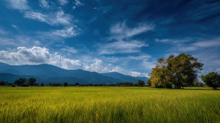 Captivating view of lush green rice fields set against a stunning blue sky filled with clouds, showcasing the beauty of rural life and nature's splendor.の素材