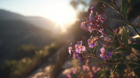 Captivating scene of wildflowers basking in soft morning light, showcasing vibrant colors against a stunning mountainous landscape. Perfect for nature lovers.の素材