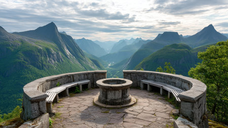 This stunning mountain overlook captures a breathtaking view of lush valleys and majestic peaks under a dramatic sky, inviting explorers to enjoy nature's beauty.の素材