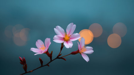 A stunning close-up of delicate pink blossoms on a slender branch, set against a dreamy soft bokeh background, evoking a sense of calm and beauty in nature.の素材