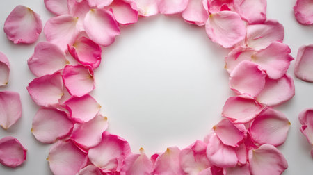 Beautiful arrangement of delicate pink rose petals forming a circular pattern on a light background, perfect for floral design, weddings, or romantic celebrations.の素材