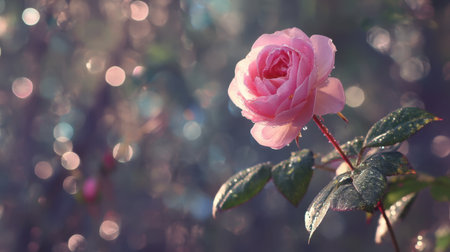 This enchanting image showcases a single pink rose adorned with water droplets, set against a soft-focused background. Perfect for projects celebrating nature's elegance.の素材