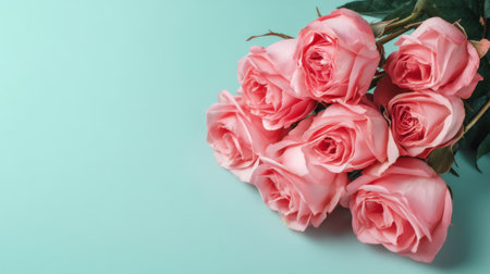 A stunning arrangement of fresh pink roses against a soft blue background, perfect for showcasing natural beauty and elegance in floral designs and romantic settings.の素材