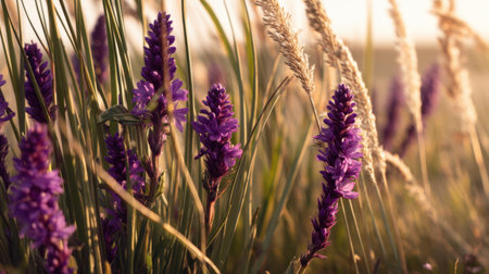 Discover the breathtaking beauty of purple wildflowers gently swaying alongside grass at sunset, creating a tranquil atmosphere perfect for nature lovers.の素材
