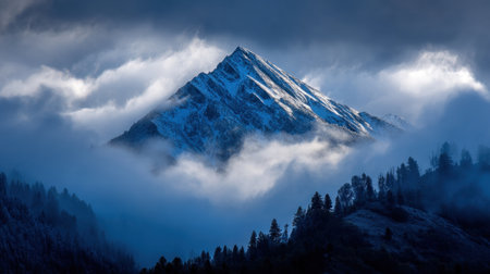 A stunning mountain peak dusted with snow rises above a sea of clouds, creating a dramatic and serene landscape. Nature's beauty at dawn captivates with tranquility.の素材