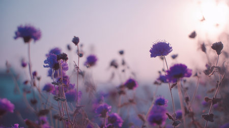 A breathtaking display of vibrant purple wildflowers is illuminated by soft morning light, creating a serene atmosphere perfect for nature lovers and photographers.の素材