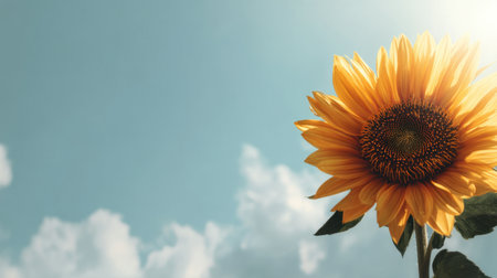 A single vibrant sunflower blooms against a clear blue sky adorned with fluffy clouds, embodying the essence of summer and the beauty of nature's creations.の素材