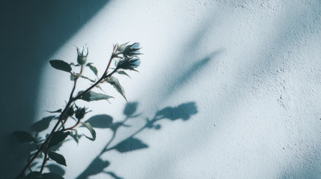A delicate branch adorned with budding roses gracefully stretches across a soft blue wall, casting serene shadows to create a tranquil atmosphere ideal for decor.の素材