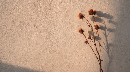 This captivating image features delicate dried flower stems casting soft shadows against a textured wall, creating a warm and serene atmosphere, perfect for home decor.の素材