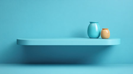 A serene and stylish minimalist shelf hosts a stunning arrangement of blue and orange vases against a tranquil turquoise backdrop, ideal for home decor and design inspiration.の素材