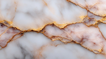 Discover a stunning close-up of elegant marble showcasing soft white and pink hues with shimmering golden lines, perfect for enhancing luxury spaces and designs.の素材
