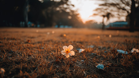 A single white flower stands out against the brown grass at sunset, capturing the essence of tranquility and natural beauty in a serene outdoor setting.の素材
