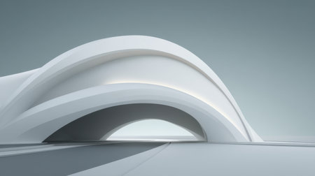 A striking depiction of modern architecture showcasing smooth curves and minimalistic design, emphasizing elegance and harmony in an abstract, serene environment.の素材