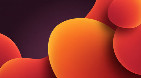 A vibrant abstract background featuring smooth rounded shapes in shades of orange and red against a dark purple backdrop, perfect for modern design usage.の素材