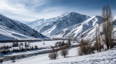 Stunning winter scene showcasing snow-covered mountains and a gentle river in a tranquil valley, framed by leafless trees beneath a clear blue sky.の素材