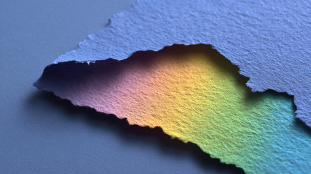 A close-up view of torn paper reveals a stunning rainbow gradient underneath, highlighting texture and artistry perfect for creative projects or designs.の素材