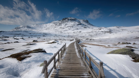 A breathtaking view of a wooden pathway leading through a snow-covered landscape, flanked by majestic mountains under a bright blue sky, perfect for outdoor enthusiasts.の素材