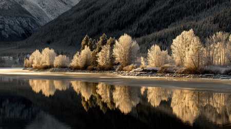 This stunning winter landscape features frosted trees reflecting on calm water surrounded by majestic mountains. The golden hour light enhances the serene atmosphere.の素材
