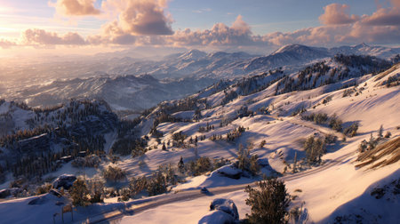 A breathtaking winter landscape showcasing snow-covered mountains under a glowing sunset, enveloped in a serene atmosphere that invites exploration and appreciation.の素材