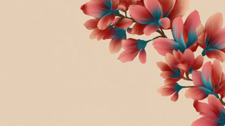 Beautiful floral design featuring soft pink and blue petals against a peach background. Ideal for modern decor, wallpapers, and creative projects that need a touch of elegance.の素材