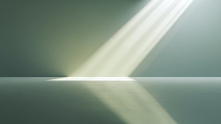 This image captures soft light beams cutting through a minimalist space, creating smooth reflections on the serene surface, evoking a sense of tranquility and beauty.の素材