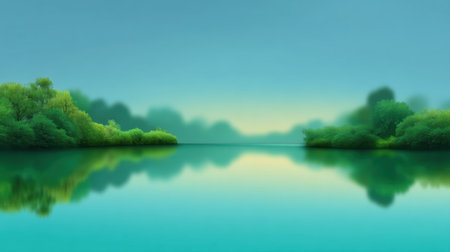 Experience the peaceful allure of a calm lake at dawn, framed by lush greenery and distant misty mountains. A perfect escape for nature enthusiasts seeking tranquility.の素材